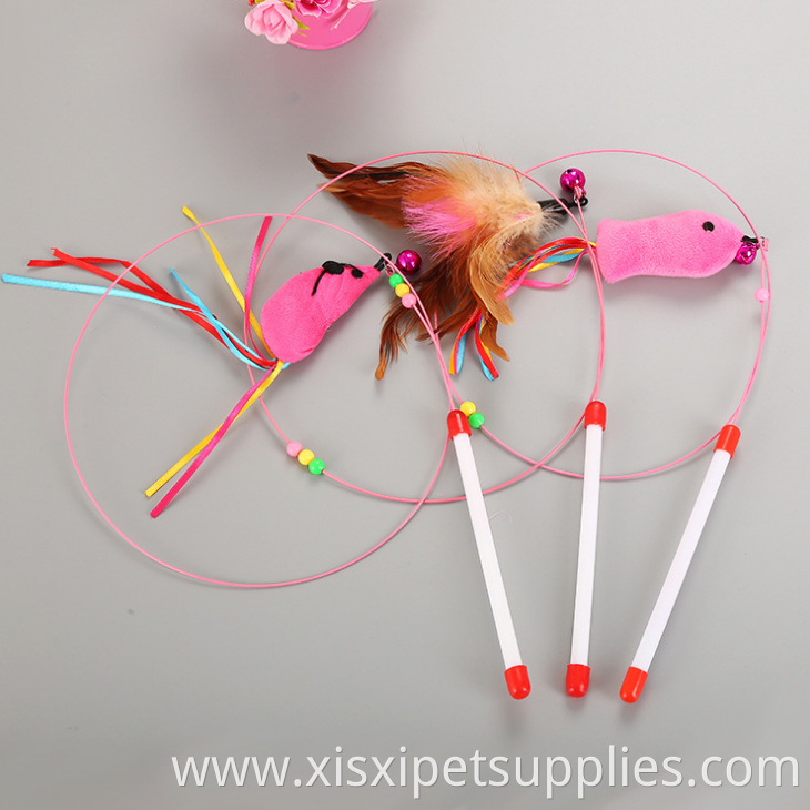 Wholesale Catfish Fishing Supplies Teaser Stick Wand Cat Toys Stainless Steel with Feather Mouse for Cats Interactive Toys 10pcs